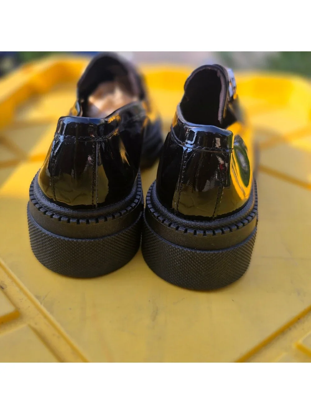 Black Patent Leather Chunky Loafers with Gold Buckle Detail